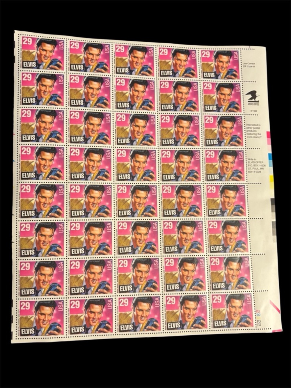 1992 Elvis Presley USPS Stamps, Sheet of 40 Stamps 29 Cents Each